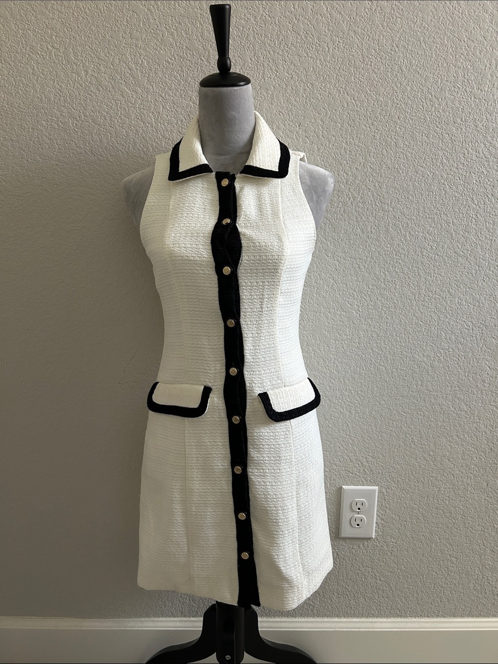 Lost + Wander White Mini Shift Dress with Black Trim